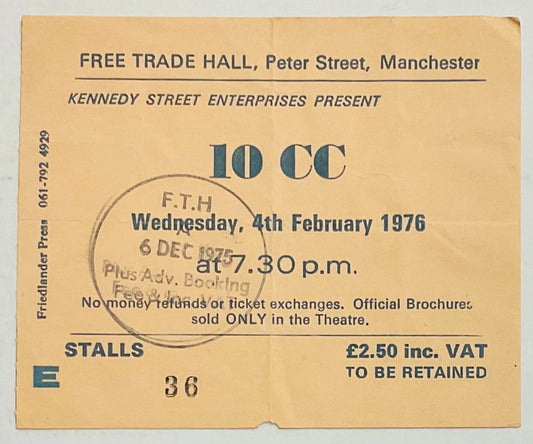 10cc Original Used Concert Ticket Free Trade Hall Manchester 4th Feb 1976