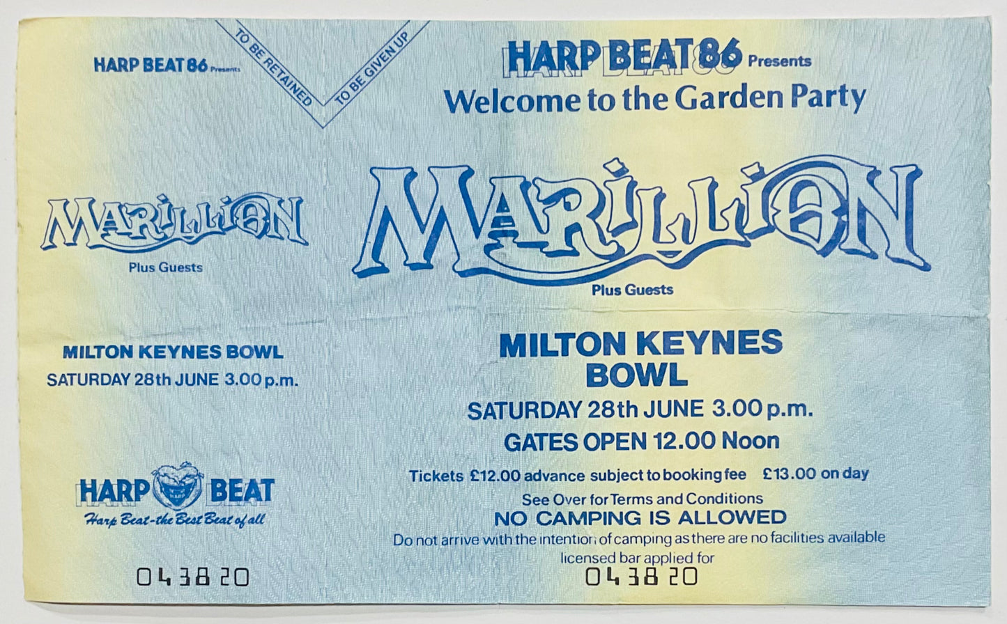 Marillion Original Unused Concert Ticket Milton Keynes Bowl 28th Jun 1986