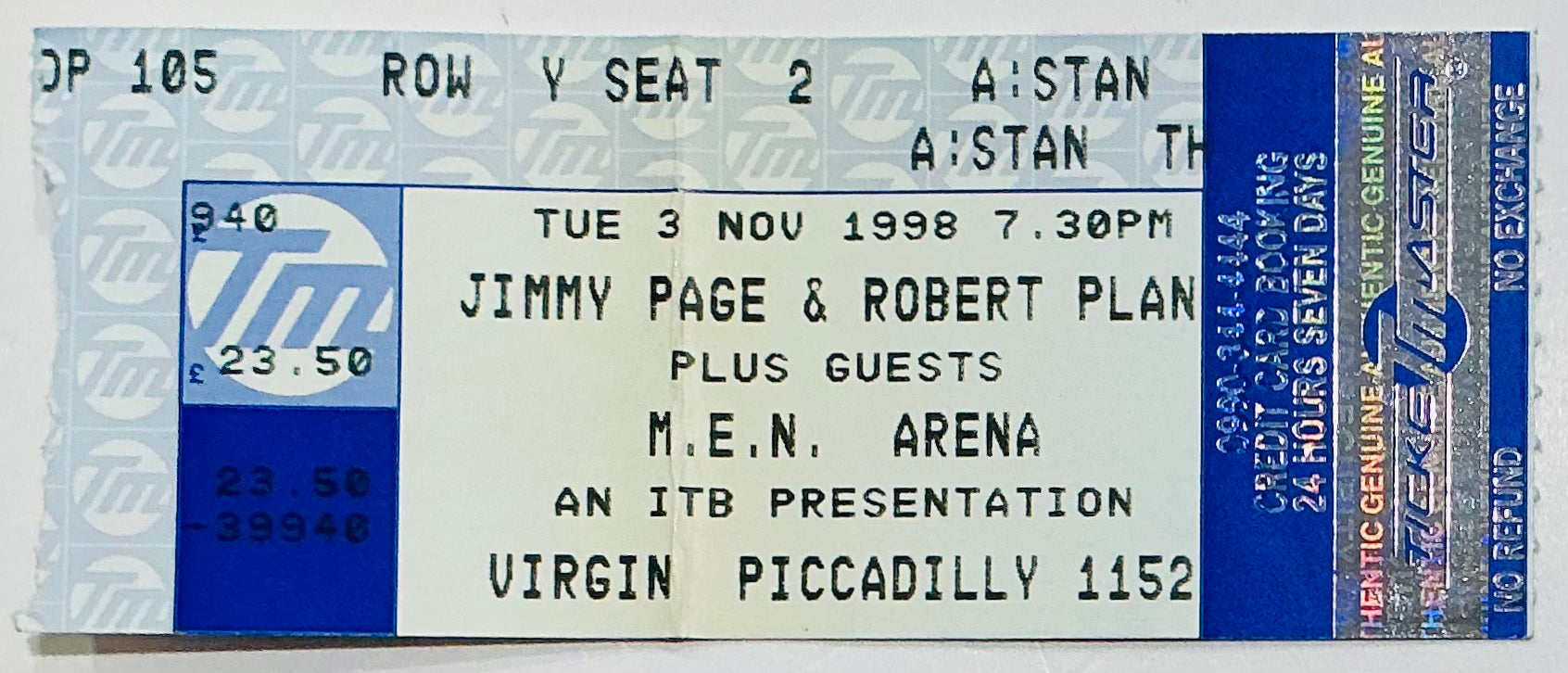 Led Zeppelin Robert Plant Jimmy Page Original Used Concert Ticket MEN Arena Manchester 3rd Nov 1998