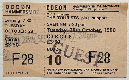 Tourists Annie Lennox Dave Stewart Original Unused Concert Ticket Hammersmith Odeon London 28th Sep 1980