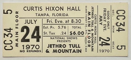 Jethro Tull Mountain Original Unused Concert Ticket Curtis Hixon Hall Tampa 24th Jul 1970