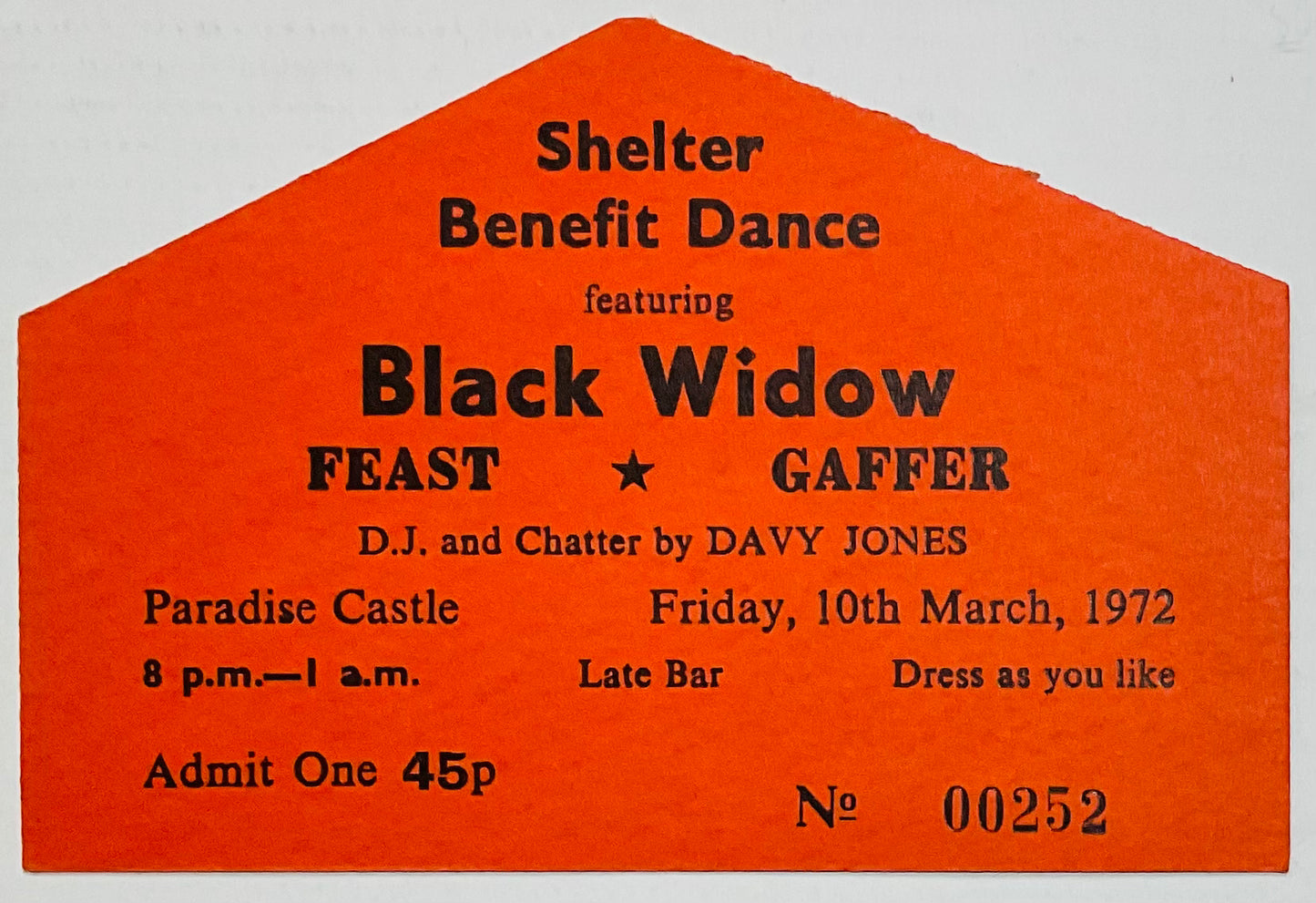 Black Widow Original Concert Ticket Paradise Castle Torquay 10th Mar 1972