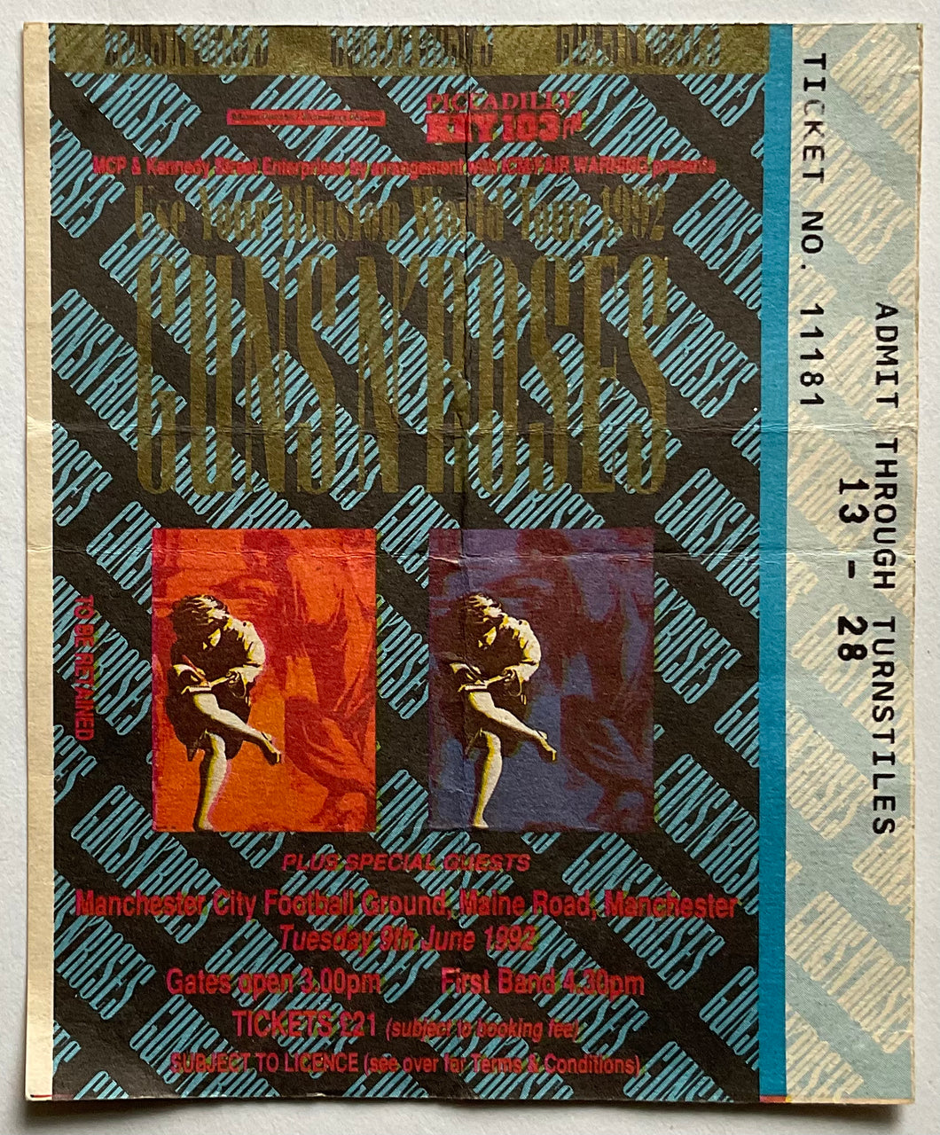 Guns N' Roses Original Used Concert Ticket Manchester City FC 9th Jun 1992