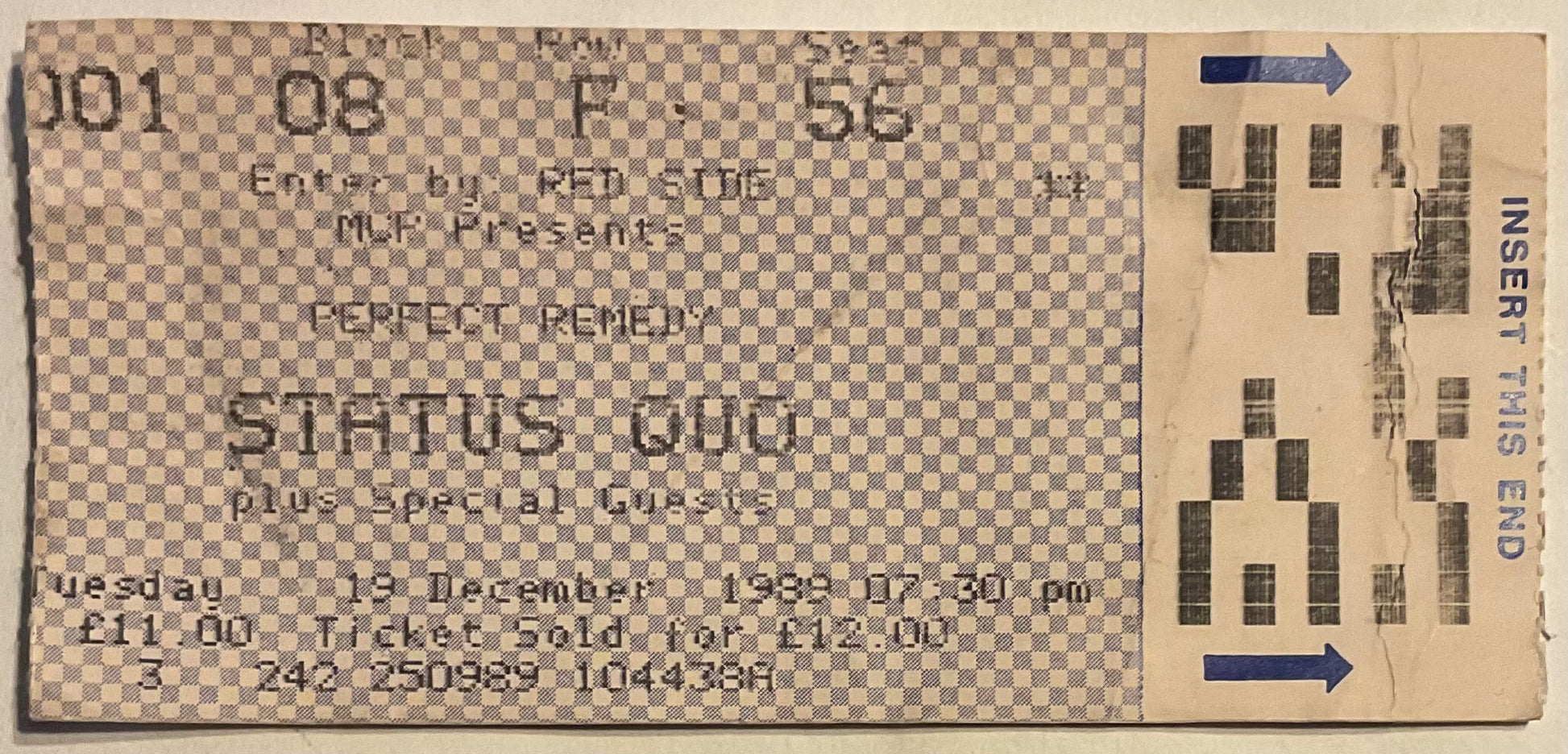 Status Quo Original Used Concert Ticket Wembley Arena London 19th Dec 1989