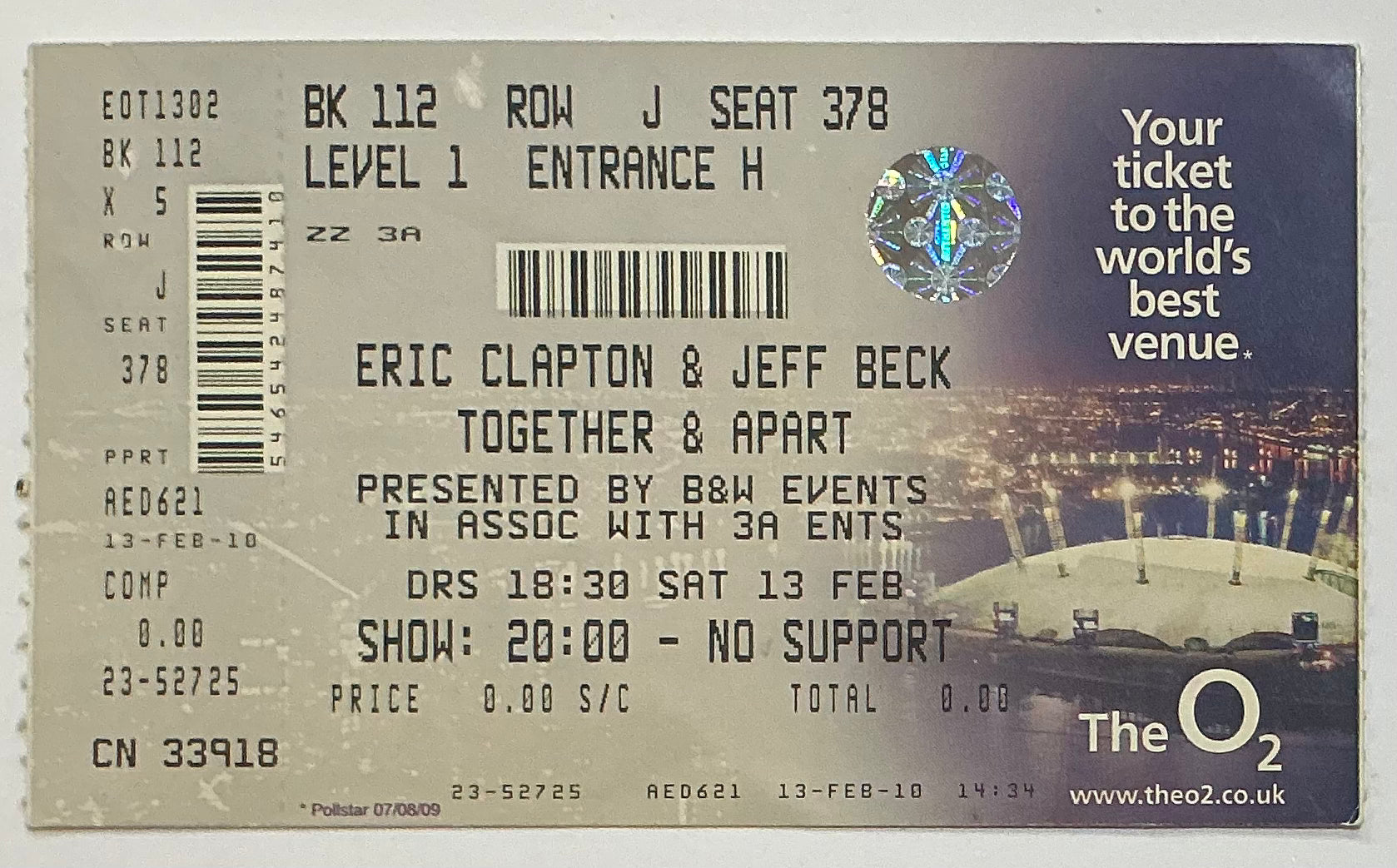 Eric Clapton Jeff Beck Original Unused Concert Ticket O2 Arena London 13th Feb 2010