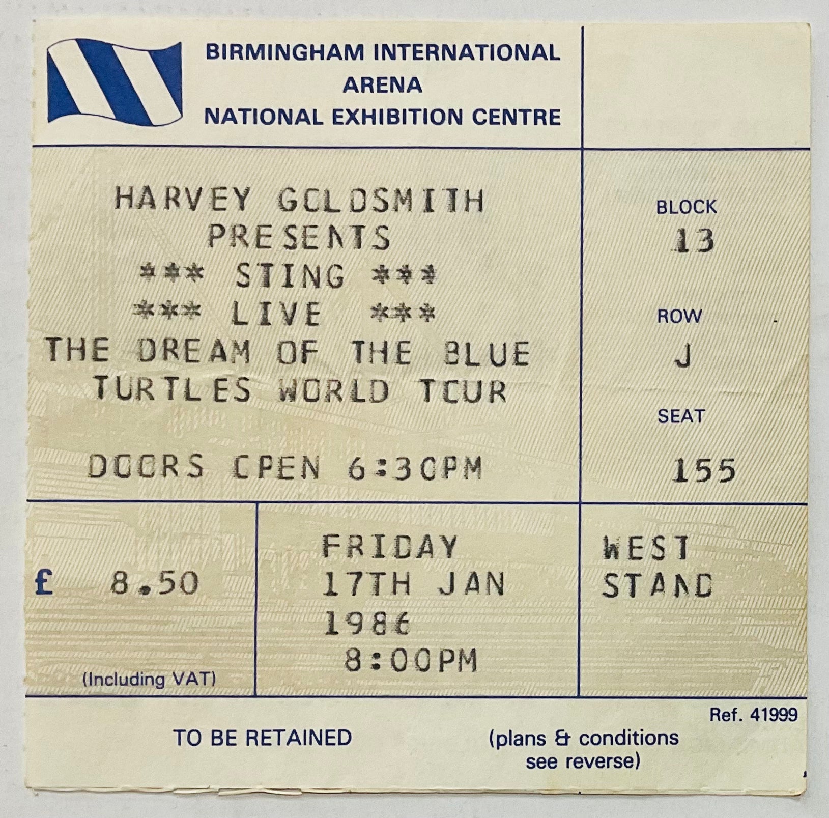Sting Original Used Concert Ticket NEC Arena Birmingham 17th Jan 1986