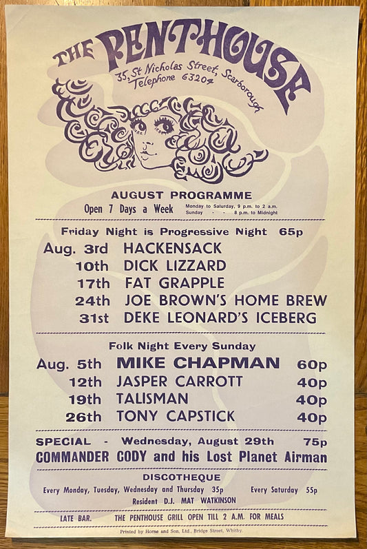 Commander Cody Deke Leonard Original Concert Tour Gig Poster Penthouse Scarborough Aug 1973