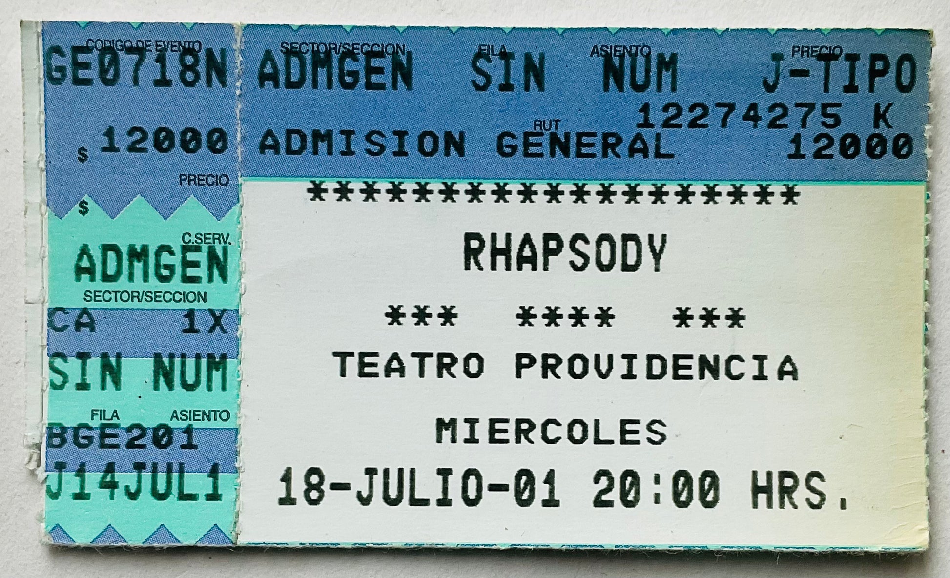 Rhapsody Original Used Concert Ticket Teatro Providencia Santiago 18th Jul 2001