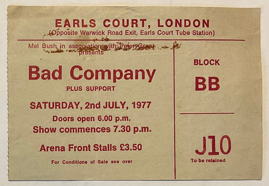 Bad Company Original Used Concert Ticket Earls Court London 2nd July 1977