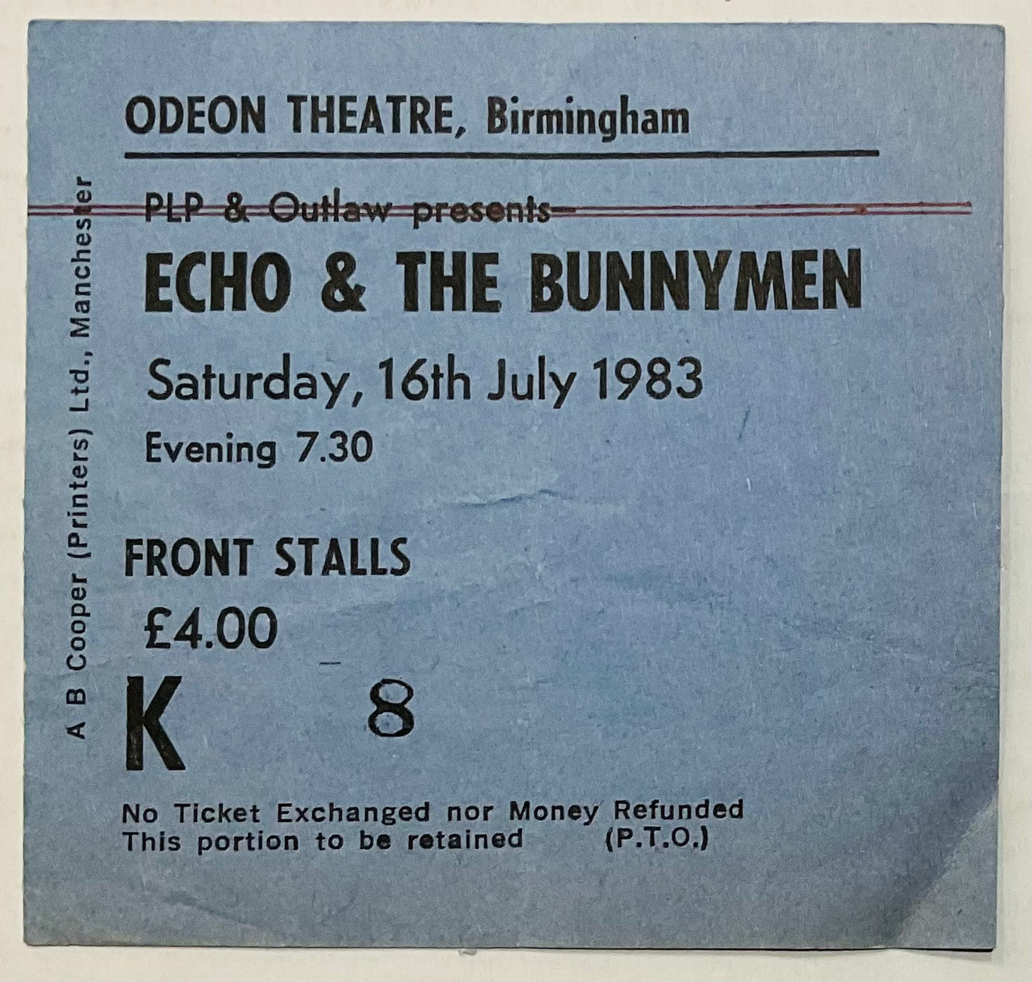 Echo & The Bunnymen Original Concert Ticket Odeon Theatre Birmingham 16th Jul 1983