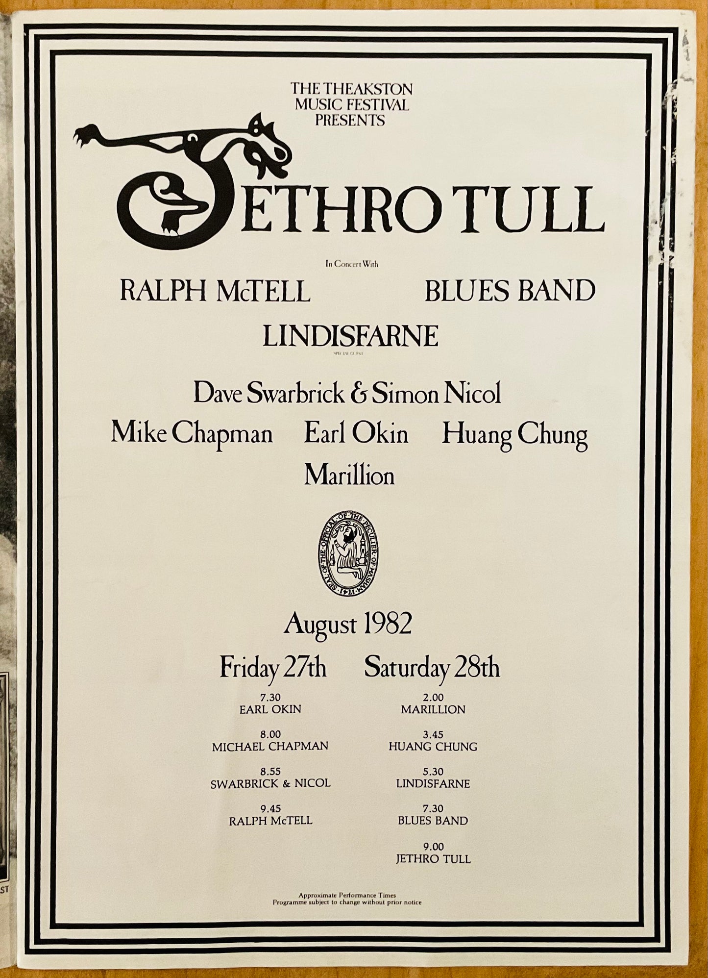 Jethro Tull Marillion Original Concert Programme Theakston Music Festival 27/28th Aug 1982