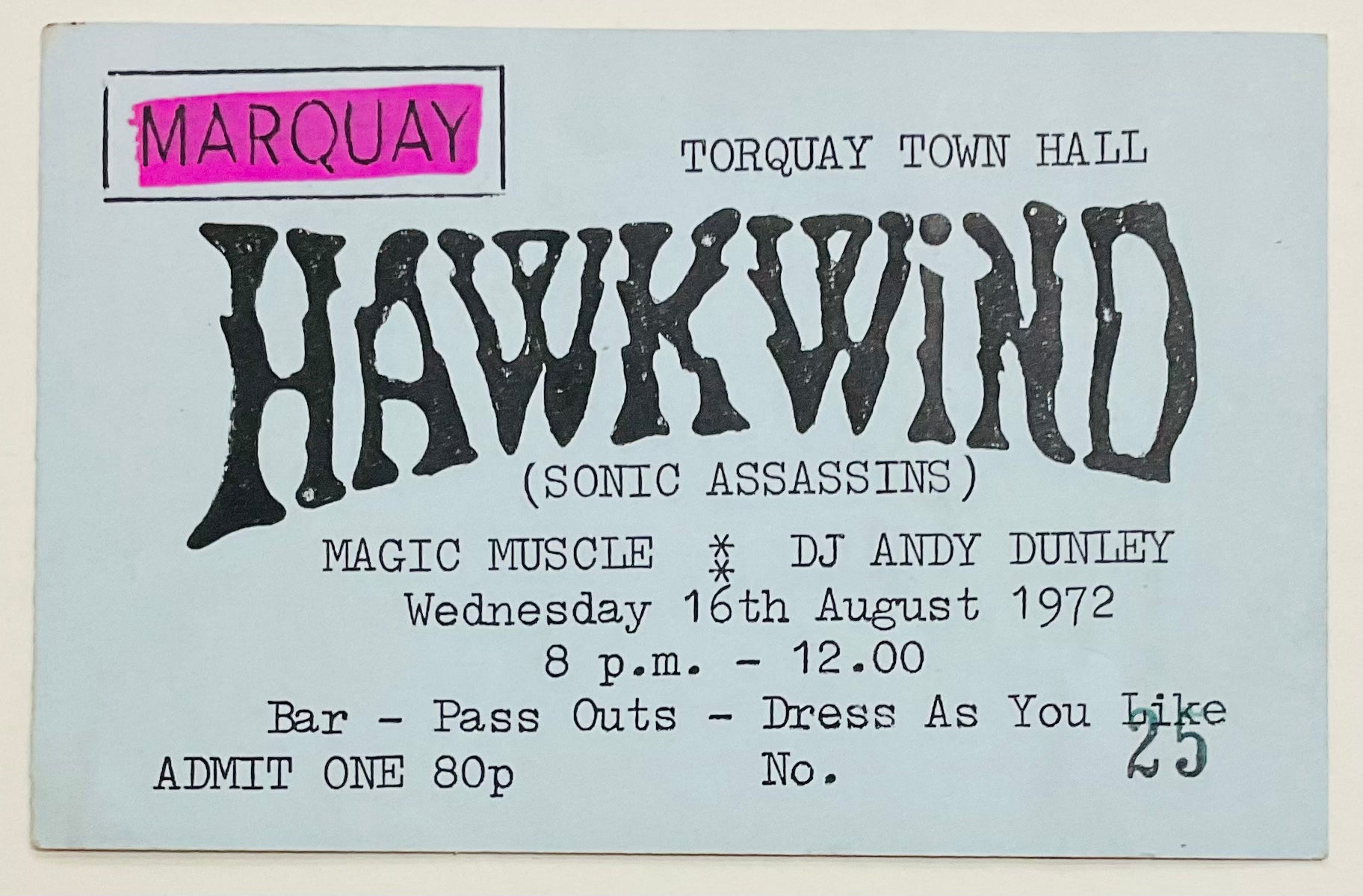 Hawkwind Original Used Concert Ticket Town Hall Torquay 16th Aug 1972