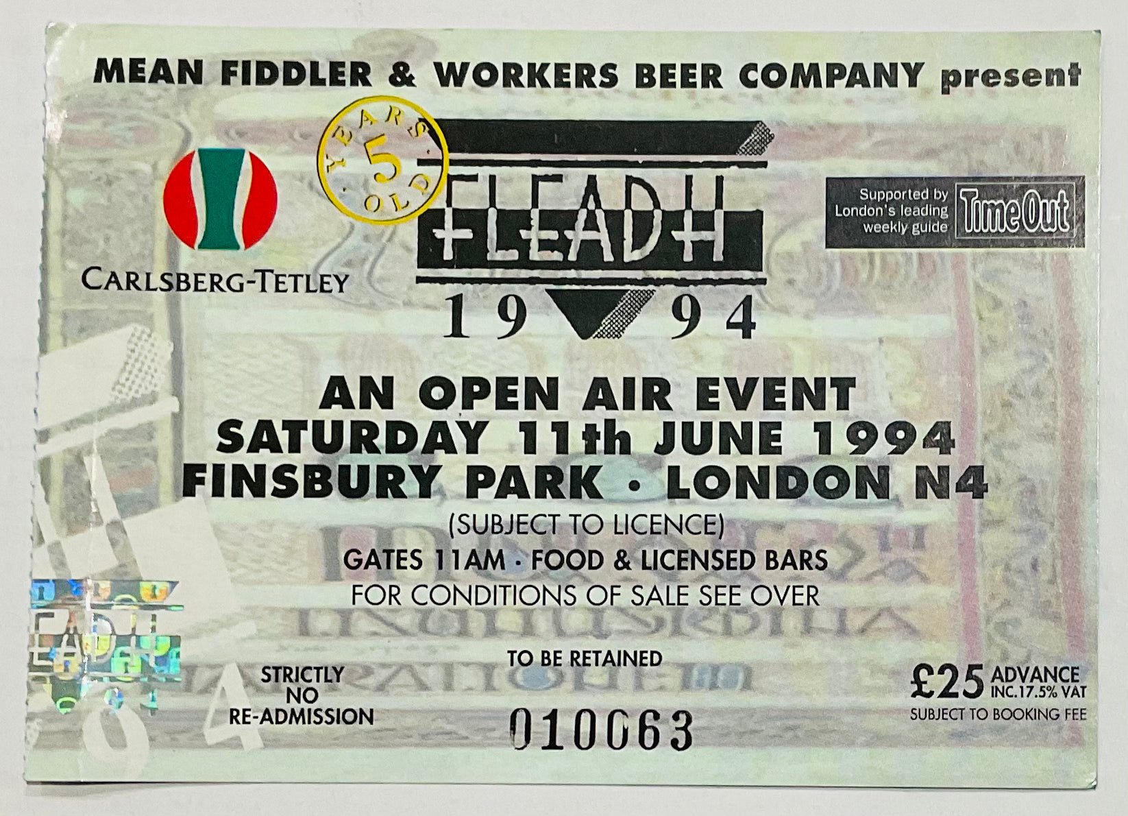 Crowded House Christy Moore Original Used Concert Ticket FLEADH Finsbury Park London 11th Jun 1994