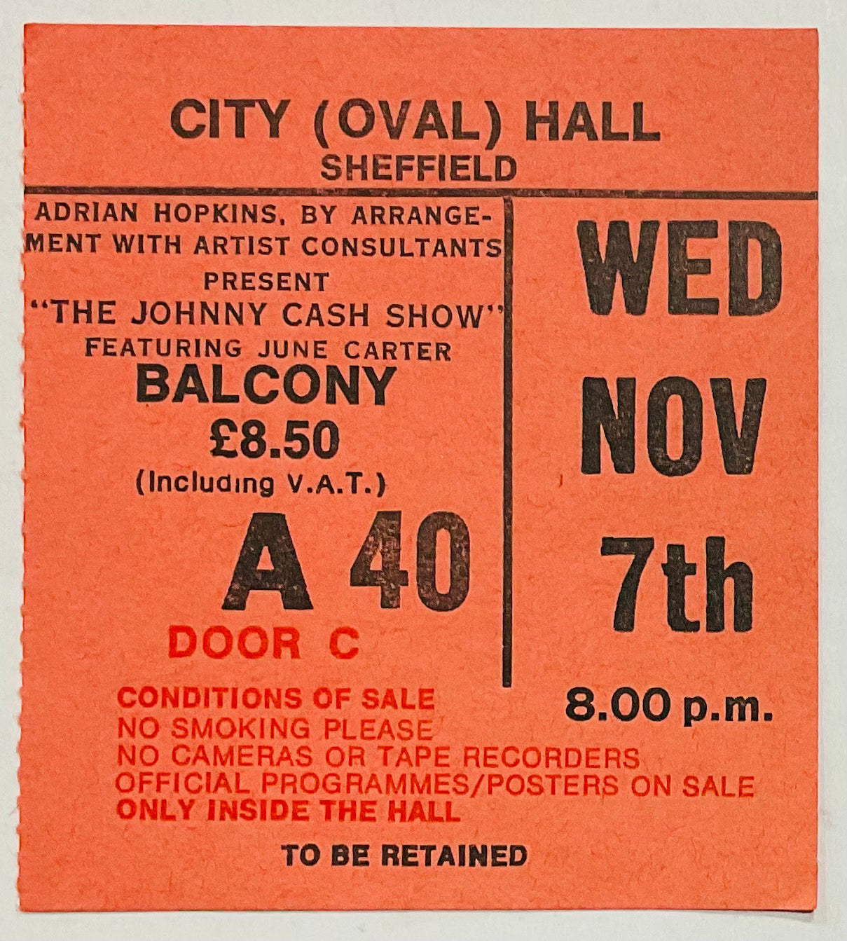 Johnny Cash Original Used Concert Ticket City Hall Sheffield 7th Nov 1984