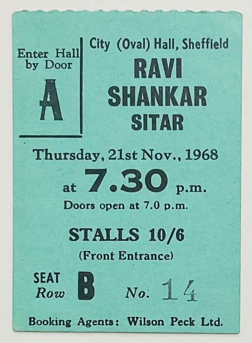 Ravi Shankar Original Used Concert Ticket City Hall Sheffield 21st Nov 1968