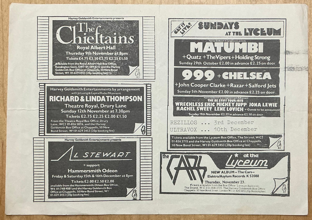999 Chelsea Cars Original Concert Handbill Flyer Lyceum London Oct/ Nov 1978