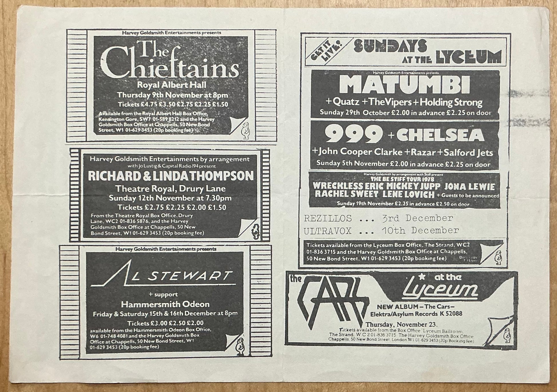 999 Chelsea Cars Original Concert Handbill Flyer Lyceum London Oct/ Nov 1978