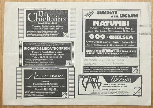 999 Chelsea Cars Original Concert Handbill Flyer Lyceum London Oct/ Nov 1978