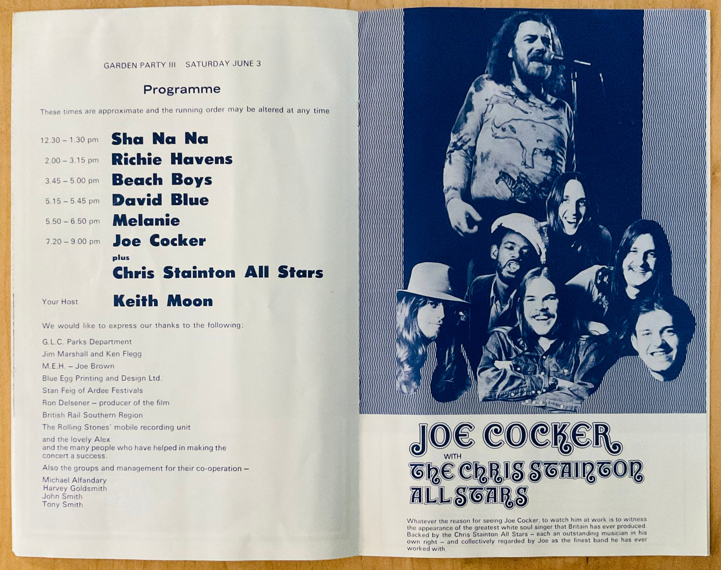 Beach Boys Joe Cocker Original Concert Programme Garden Party III Crystal Palace Bowl 3rd Jun 1972