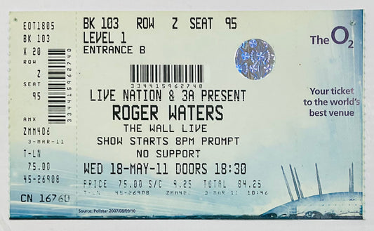 Pink Floyd Roger Waters Original Used Concert Ticket O2 Arena London 18th May 2011