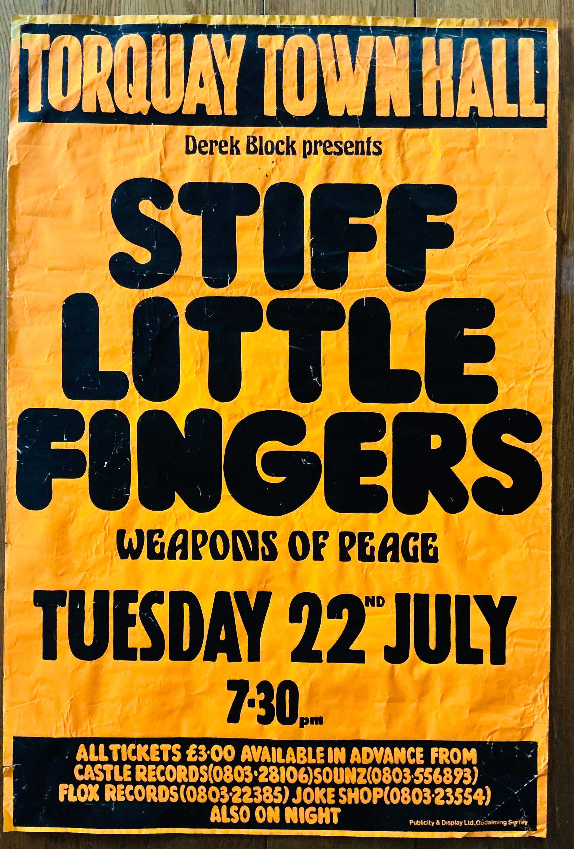 Stiff Little Fingers Original Concert Tour Gig Poster Town Hall Torquay 1980