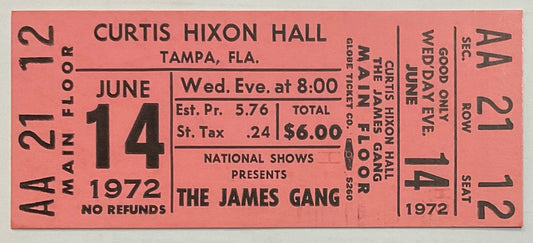 James Gang Original Unused Concert Ticket Curtis Hixon Hall Tampa 14th Jun 1972