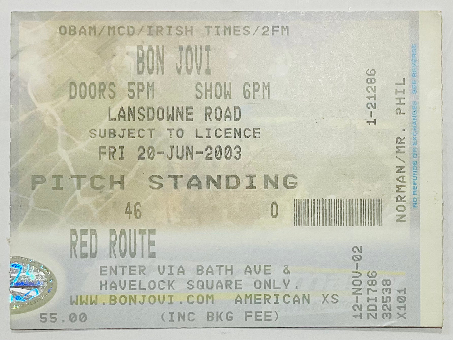 Bon Jovi Original Used Concert Ticket Lansdowne Road Dublin 20th Jun 2003