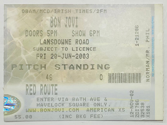 Bon Jovi Original Used Concert Ticket Lansdowne Road Dublin 20th Jun 2003