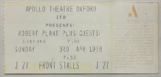 Led Zeppelin Robert Plant Original Used Concert Ticket Apollo Theatre Oxford 3rd Apr 1988