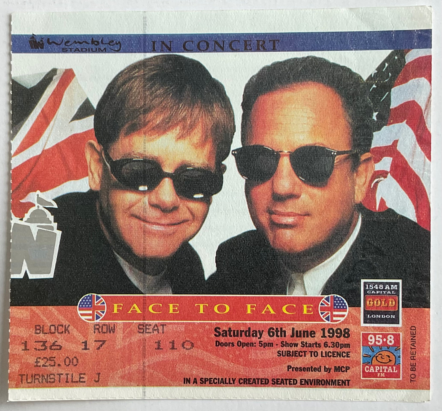 Elton John Billy Joel Original Used Concert Ticket Wembley Stadium London 6th Jun 1998