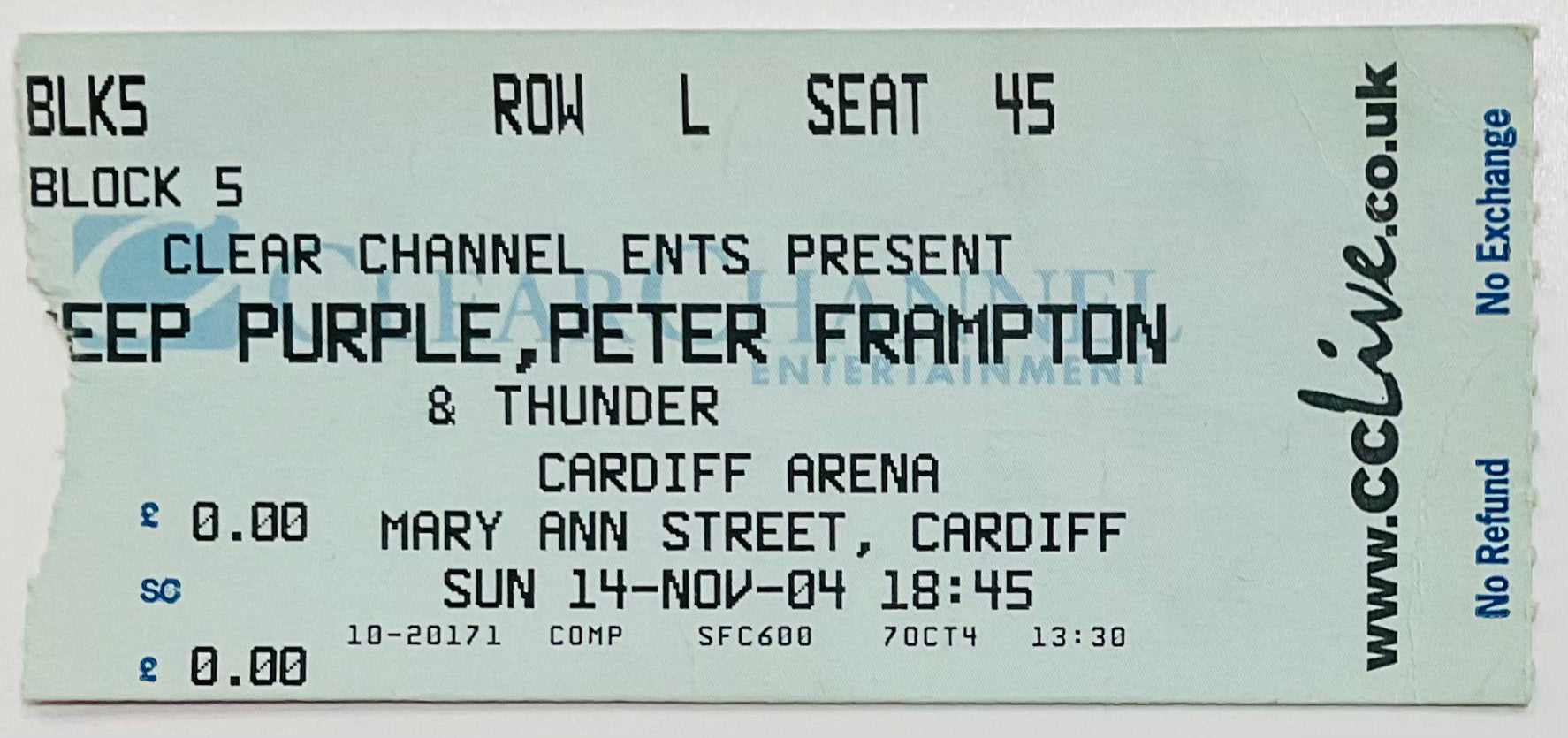 Deep Purple Peter Frampton Original Used Concert Ticket Cardiff Arena 14th Nov 2004