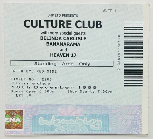 Culture Club Bananarama Heaven 17 Original Used Concert Ticket Wembley Arena London 16th Dec 1999