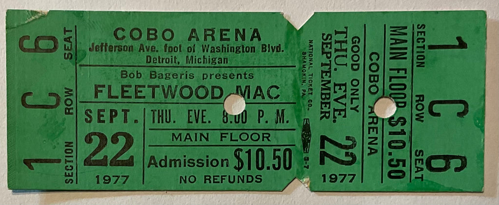 Fleetwood Mac Original Unused Concert Ticket Cobo Arena Detroit 22nd Sep 1977