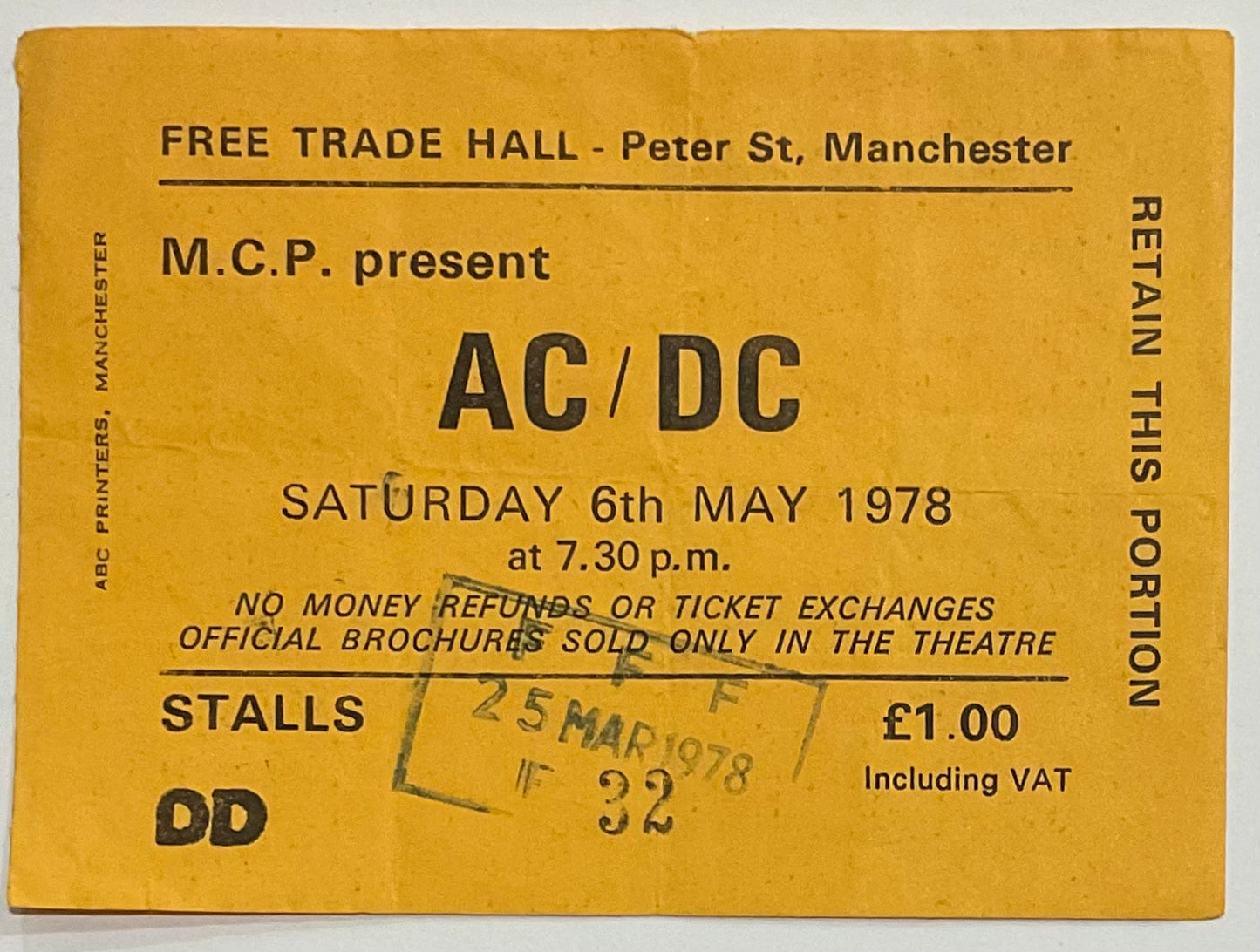 AC/DC Original Concert Ticket Free Trade Hall Manchester 6th May 1978