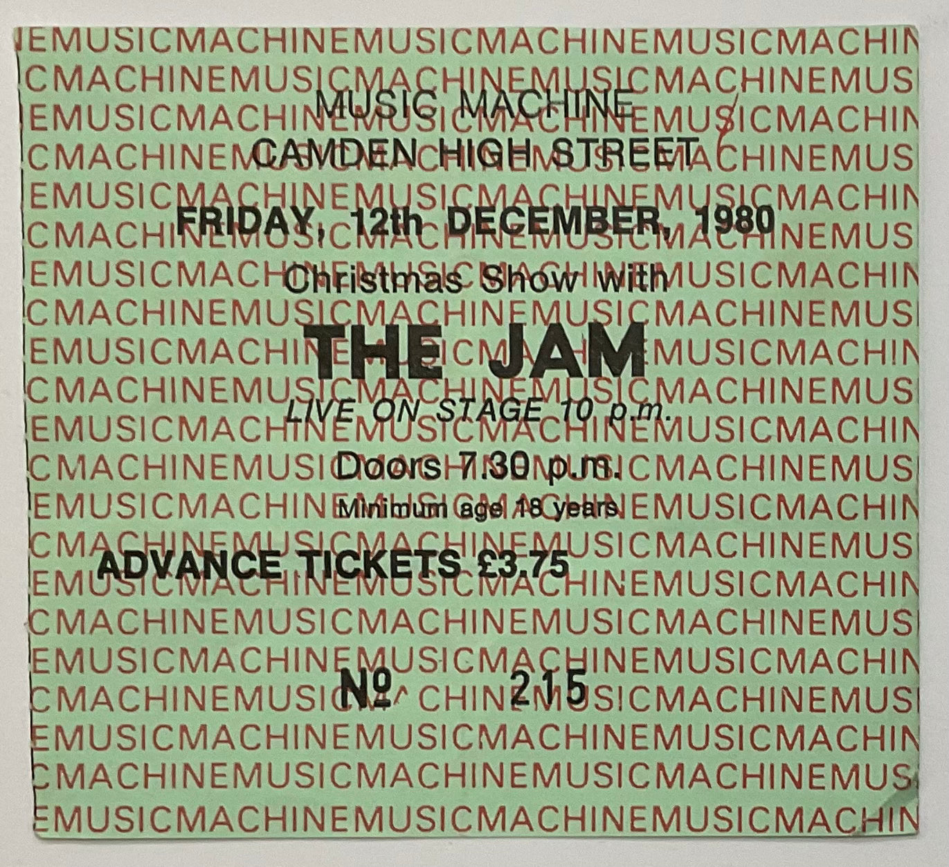 Jam Original Used Concert Ticket Music Machine London 12th Dec 1980