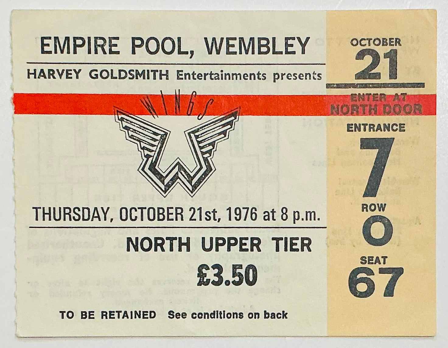 Beatles Paul McCartney Wings Original Used Concert Ticket Empire Pool Wembley London 21st Oct 1976