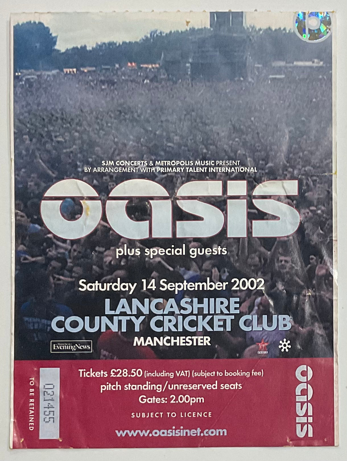 Oasis Original Used Concert Ticket Lancashire Country Cricket Club Manchester 14 Sept 2002