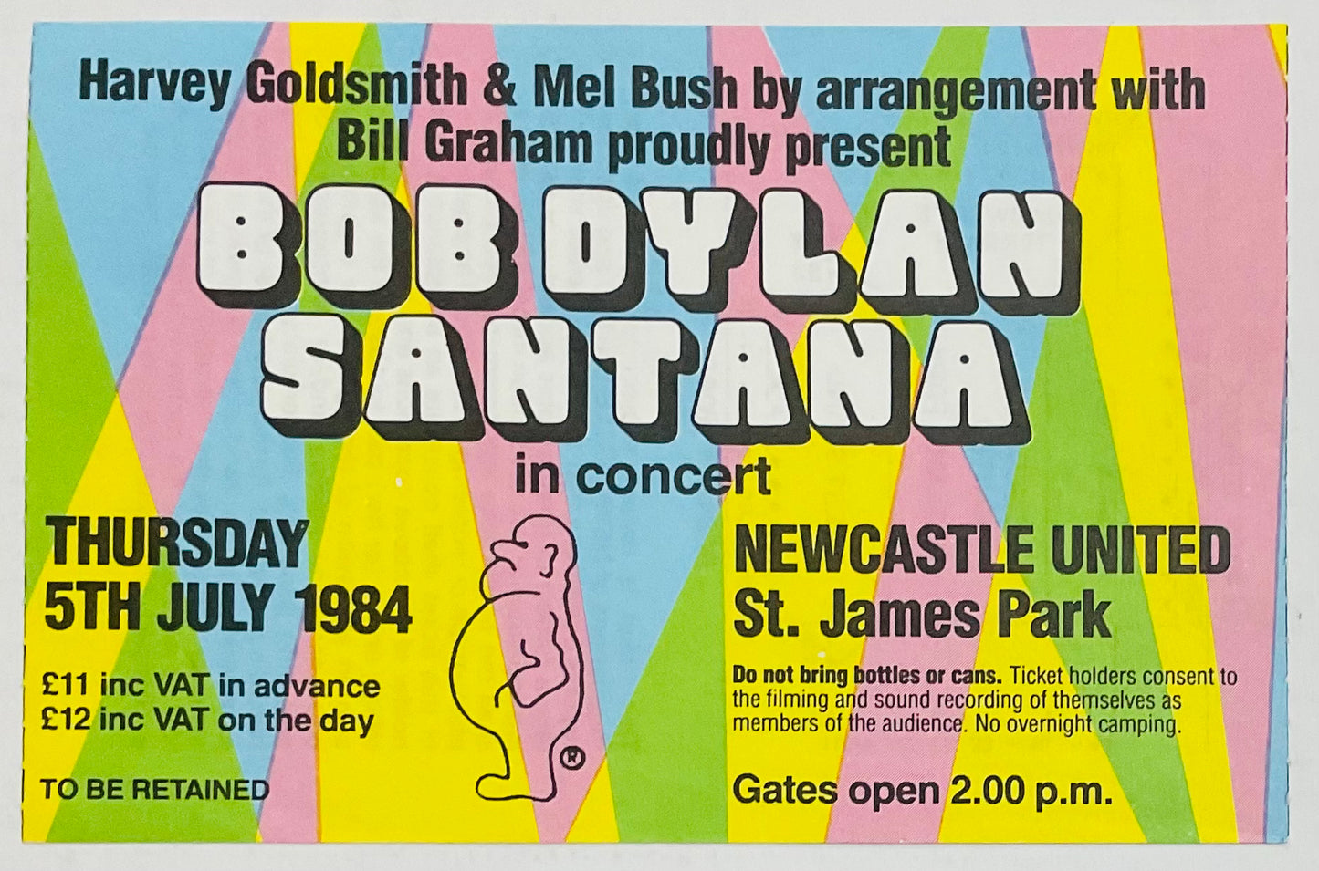 Bob Dylan Santana Original Used Concert Ticket St. James Park Newcastle 5th July 1984