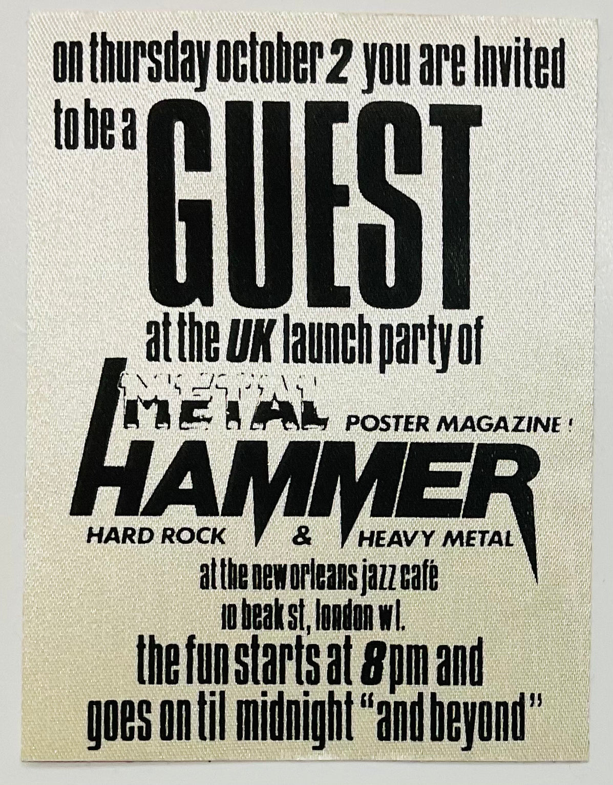 Anthrax Iron Maiden Original Unused Back Stage Pass Ticket Metal Hammer UK Launch Party London 2nd Oct 1986