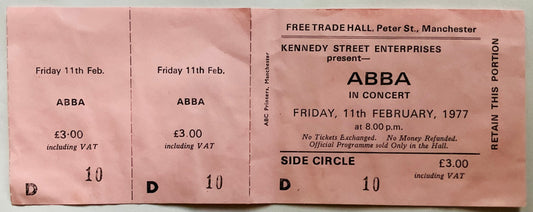 ABBA Original Unused Concert Ticket Free Trade Hall Manchester 11th Feb 1977