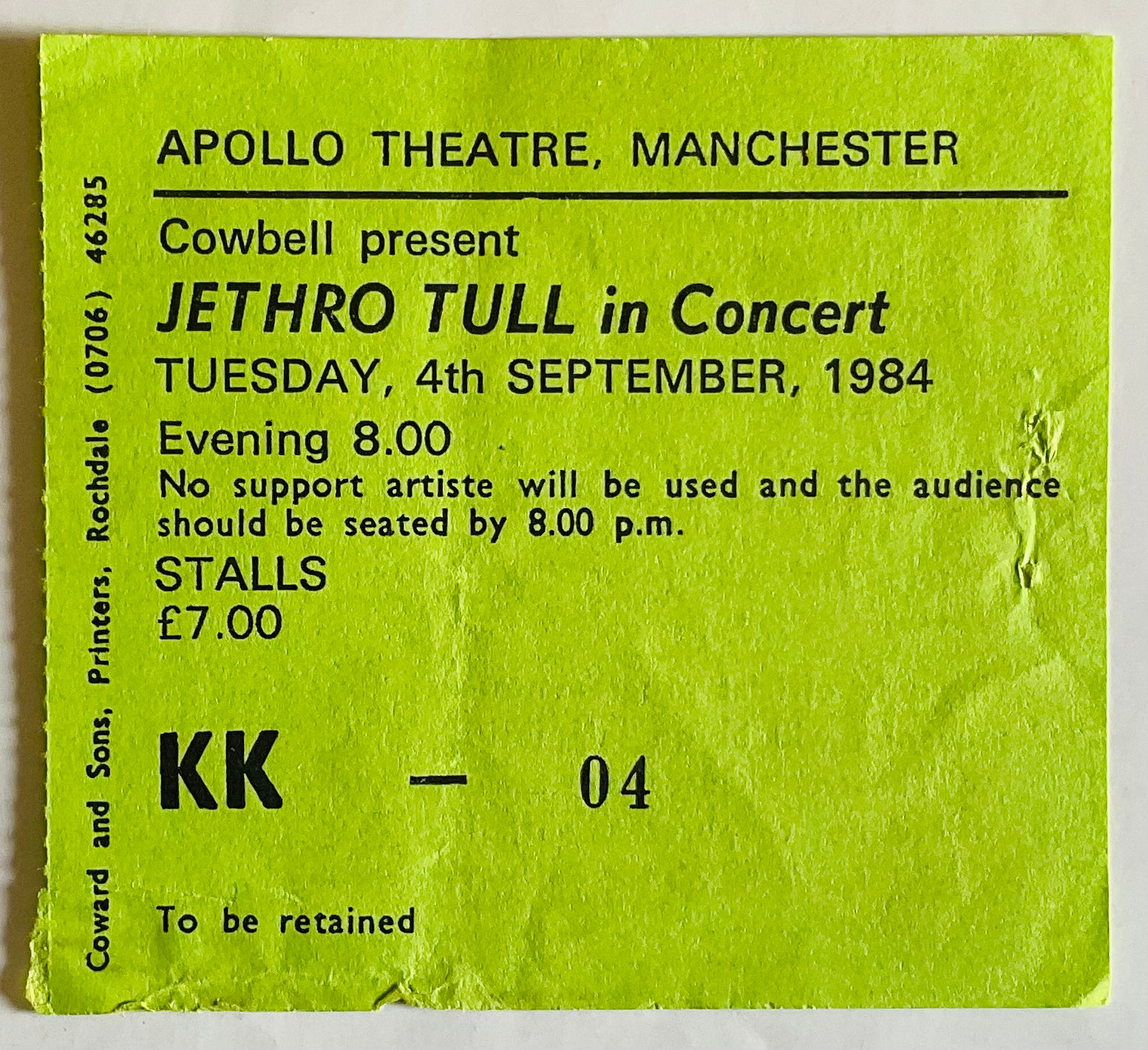 Jethro Tull Original Used Concert Ticket Apollo Theatre Manchester 4th Sep 1984