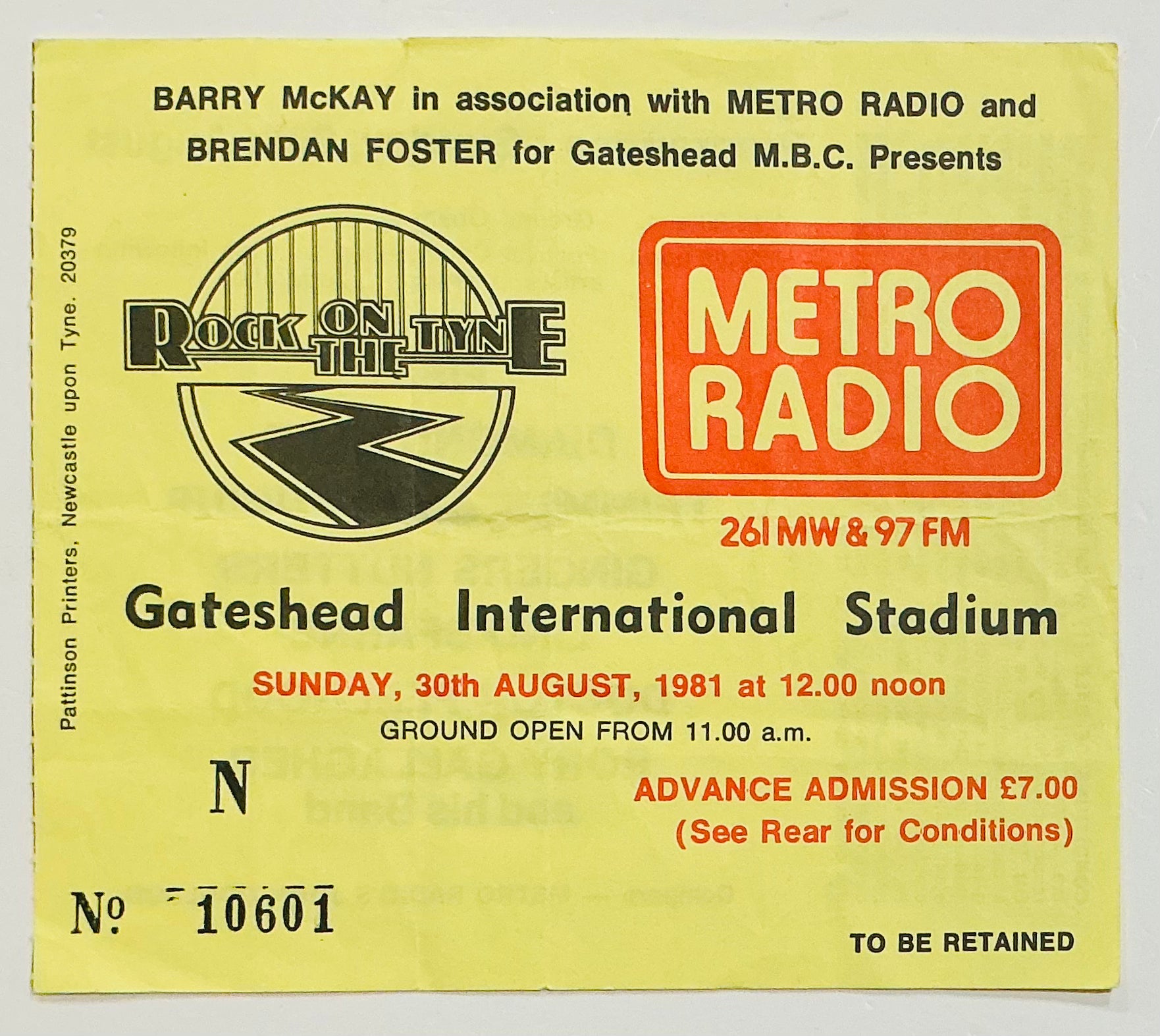 Dr Feelgood Rory Gallagher Original Used Concert Ticket Rock on the Tyne Gateshead 30th Aug 1981