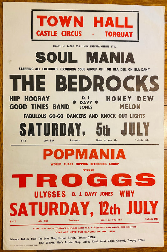 Troggs Bedrocks Original Promo Concert Tour Gig Poster Town Hall Torquay Jul 1969