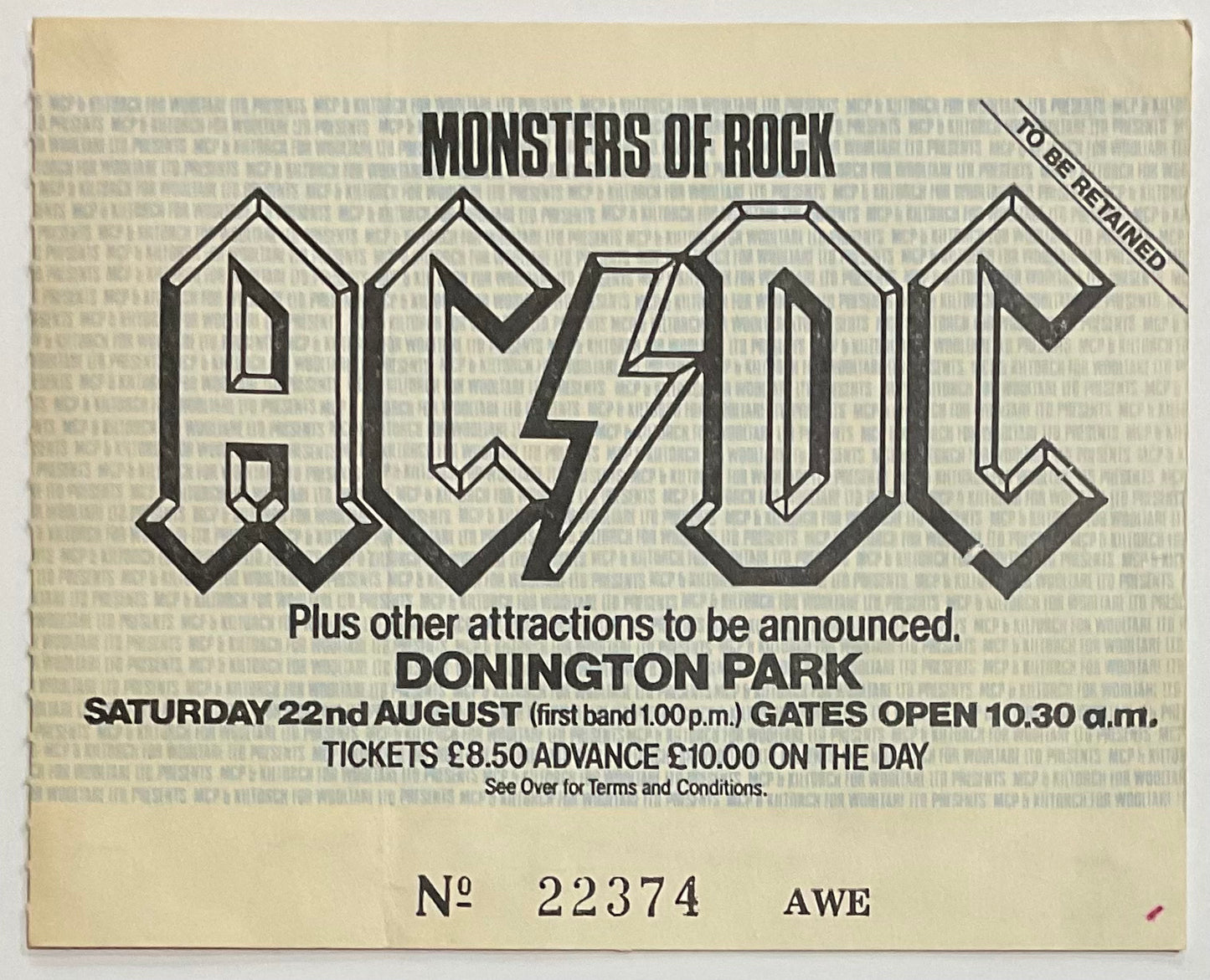 AC/DC Original Used Concert Ticket Donington Park Leicestershire 22nd Aug 1981