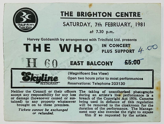 Who Original Used Concert Ticket Brighton Centre 7th Feb 1981