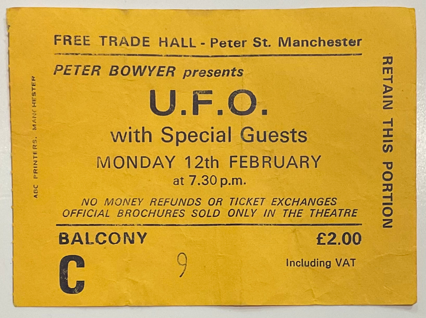 UFO U.F.O. Original Used Concert Ticket Free Trade Hall Manchester 12th Feb 1979