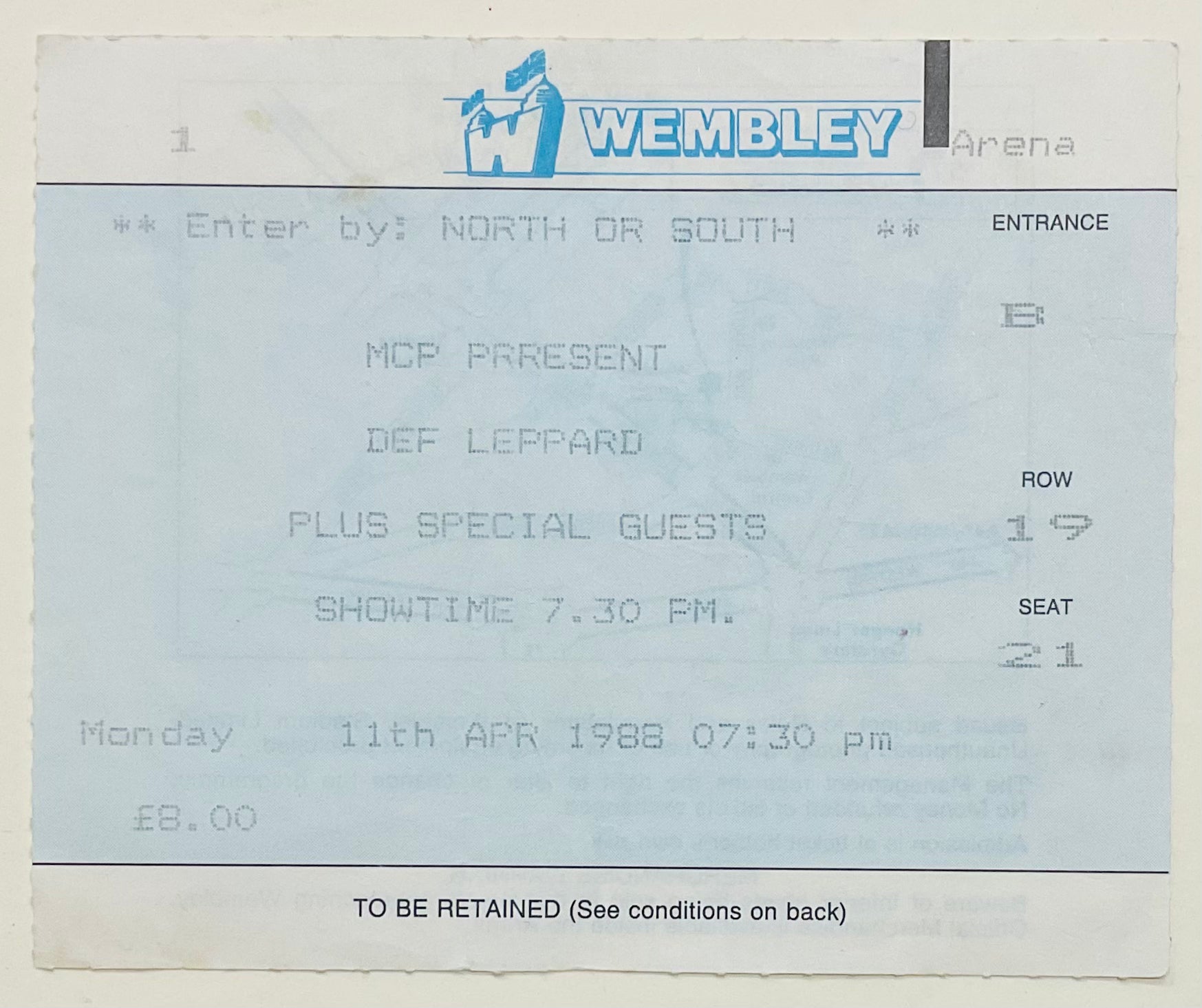 Def Leppard Original Used Concert Ticket Wembley Arena London 11th Apr 1988
