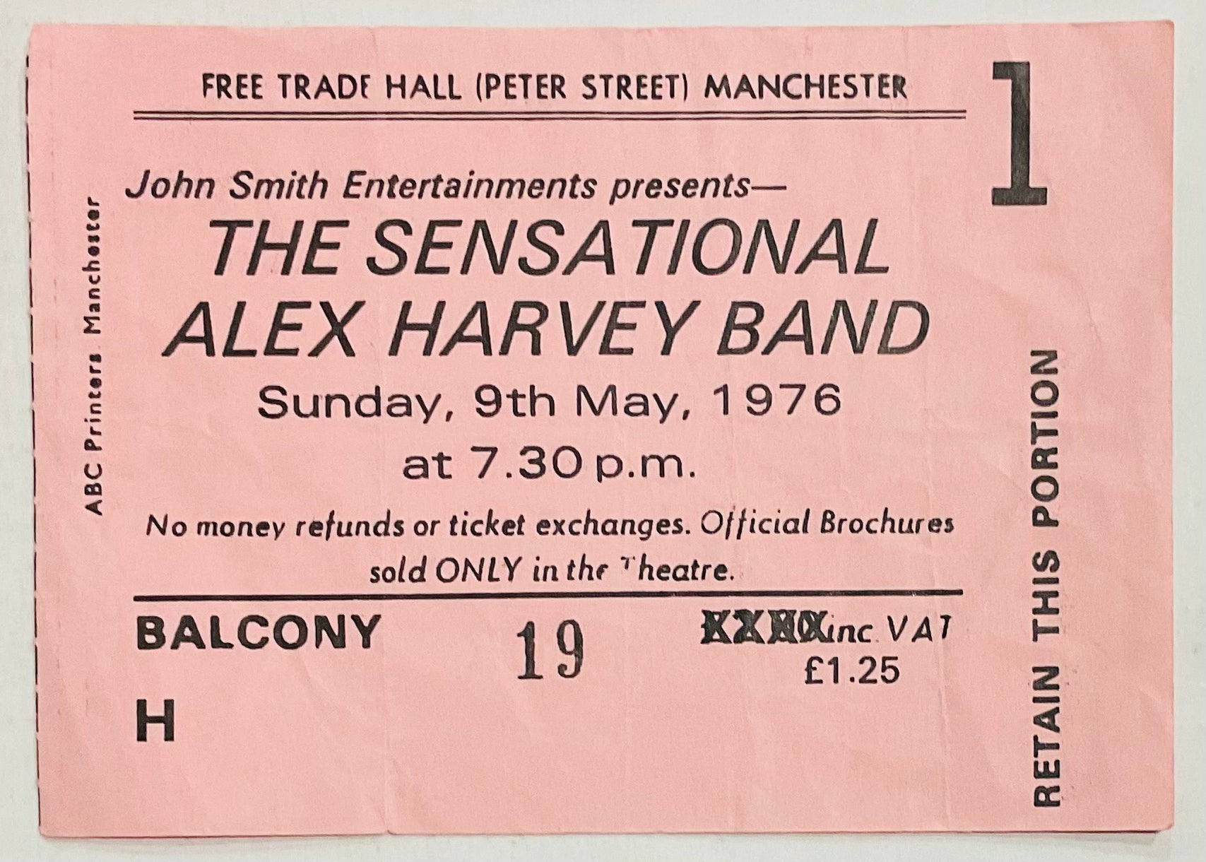 Alex Harvey Band SAHB Original Used Concert Ticket Free Trade Hall Manchester 9th May 1976