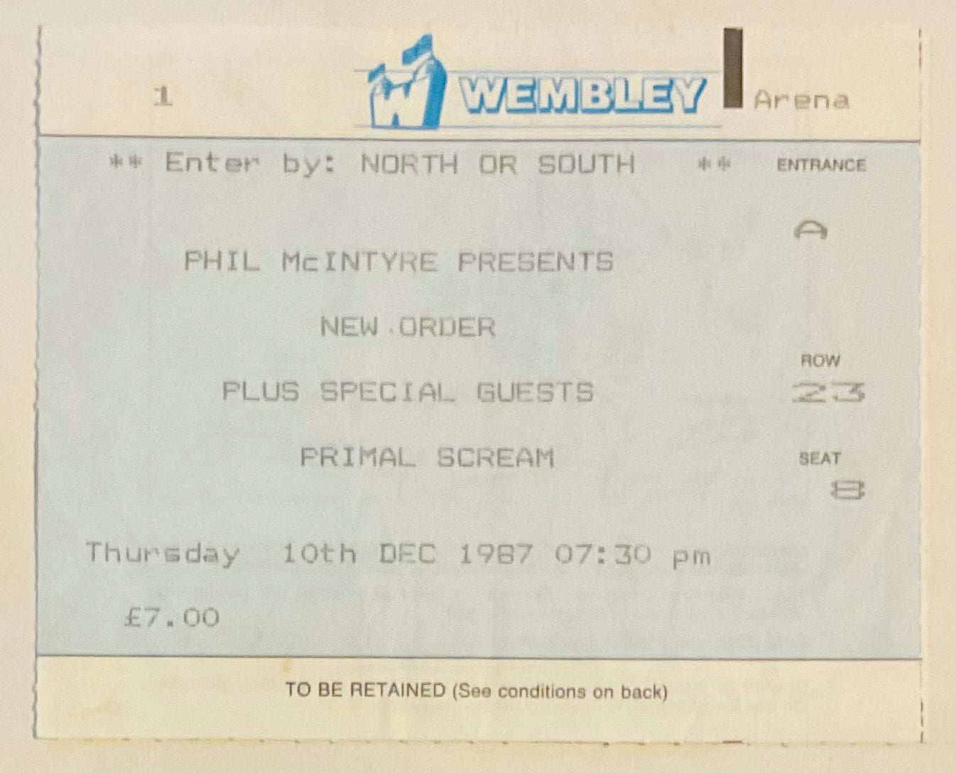 Joy Division New Order Original Used Concert Ticket Wembley Arena London 1987