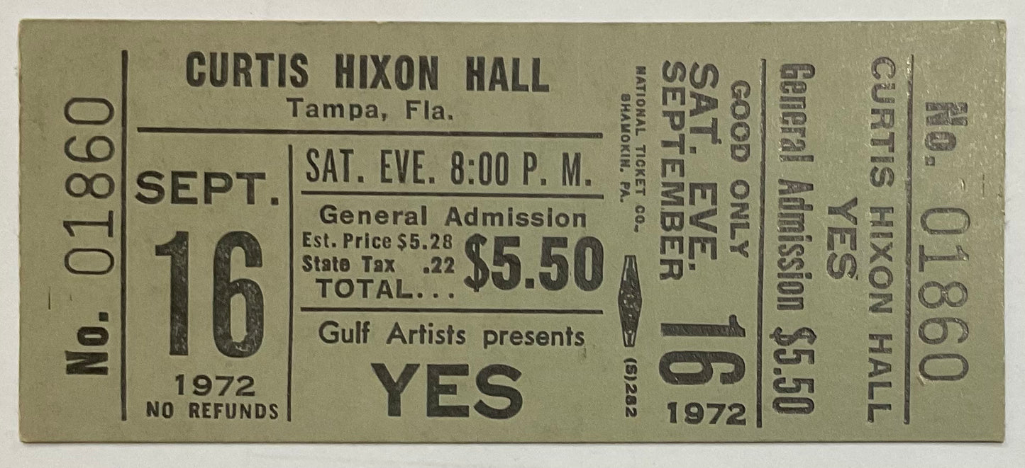 Yes Original Unused Concert Ticket Curtis Hixon Hall Tampa 16th Sep 1972